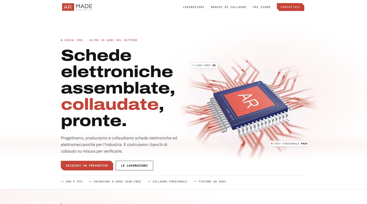Home del sito di AR Made con il chip 3D animato