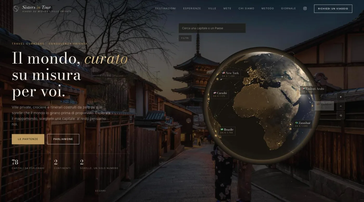 Home di Sisters in Tour: il mappamondo 3D con le capitali e i prezzi delle partenze, su uno scorcio di Kyoto al tramonto